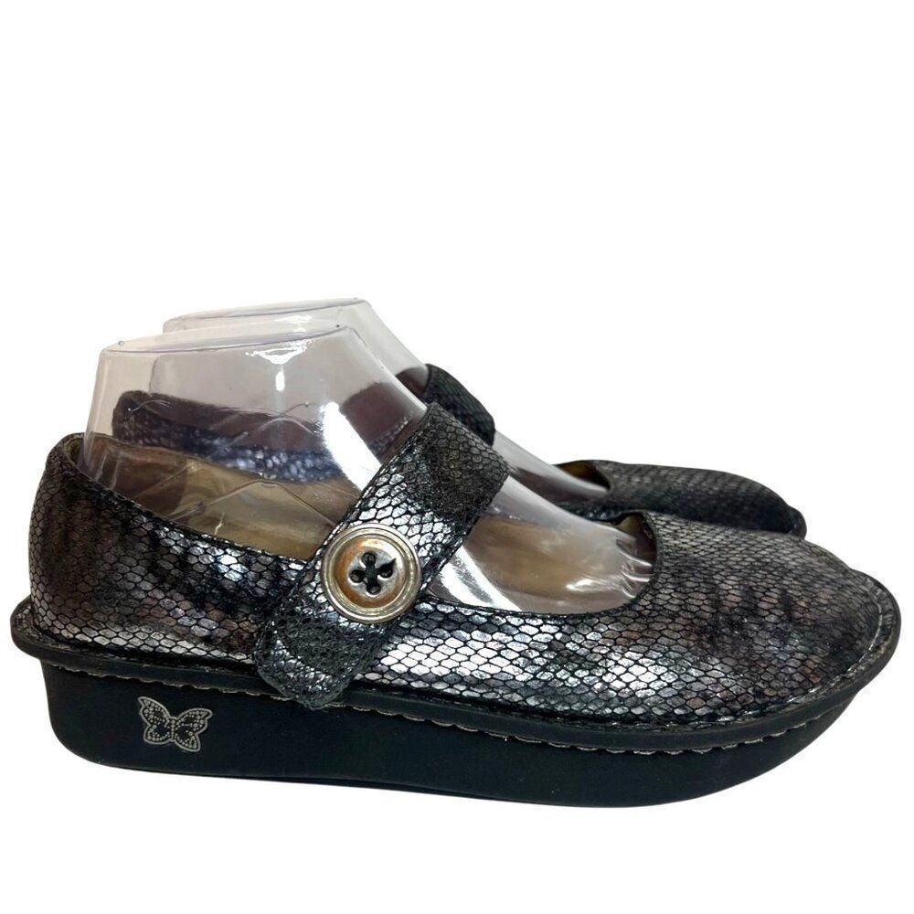 ALEGRIA Paloma Pewter Charmer Mary Jane 39 8.5 9 Iridescent Snakeskin Clogs Nurs